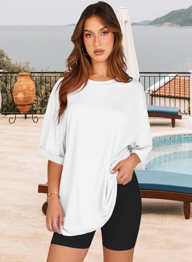 rosemia Oversized T-Shirt for Women Summer Short Sleeve Casual Basic Tee Tops Loose Fit Shirts (Solid White, M) - Image 3